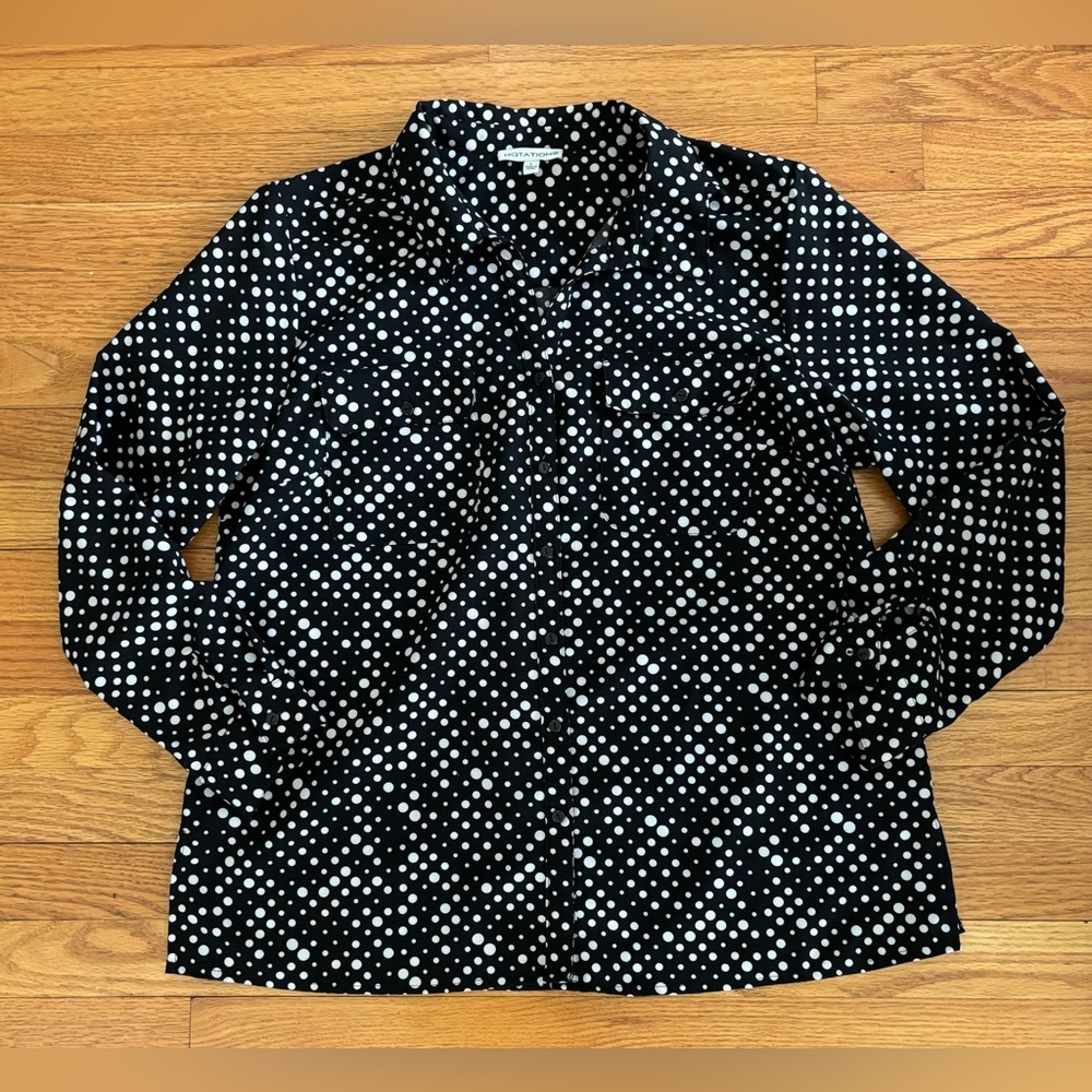 Notations Button Down Shirt Women’s Large Polka Dots Front Pockets Collared Top
